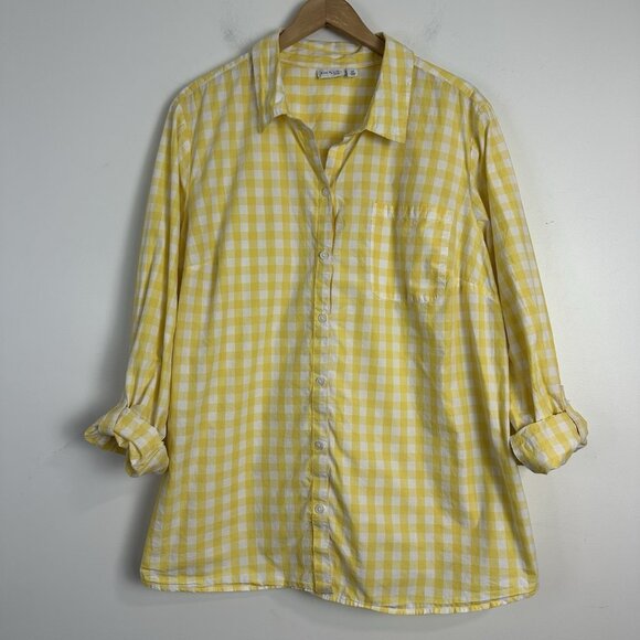 Kim Rogers Button Up Thin Top Womens 2X Yellow Gingham Plaid Roll Tab Sleeve - Picture 1 of 9